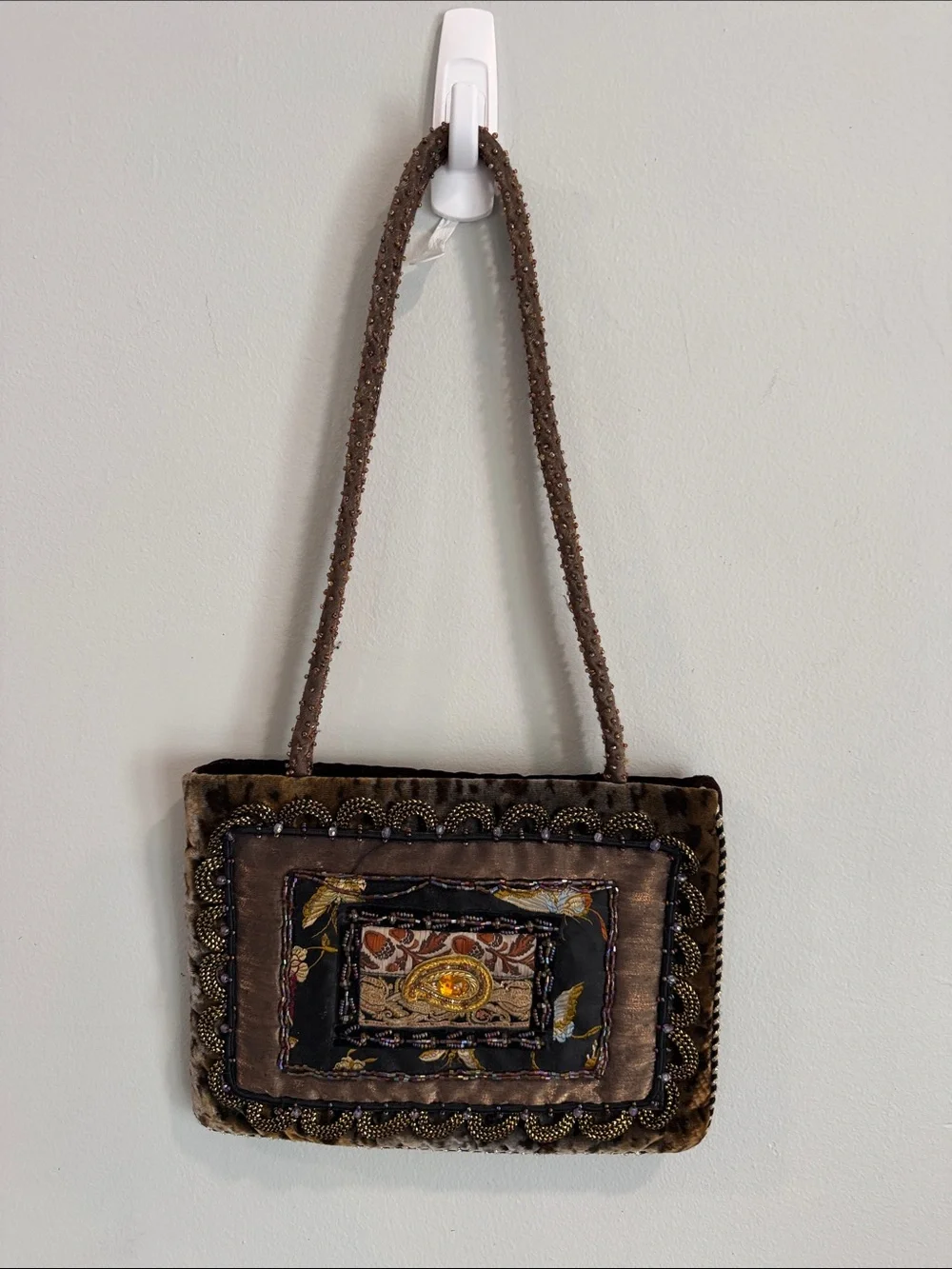 Beaded Floral Accent Brown Shoulder Bag very unique